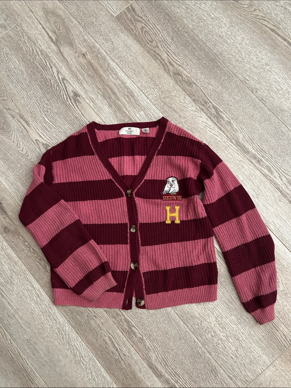 H&M Pink & Burgundy Striped Knit Cardigan with Embroidered Patch